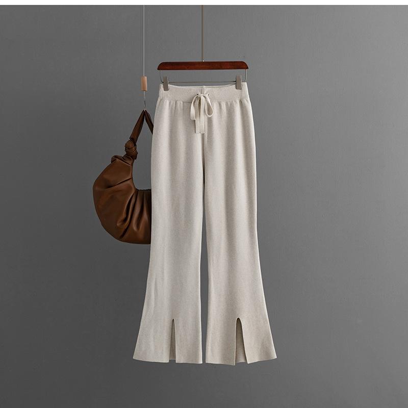 AB06QX 2023 Autumn And Winter New Women's European And American Style Solid Color Split Horn Knitted Trousers Wool Pants