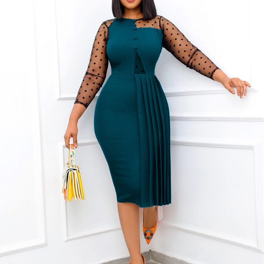 AB10ATE D249 European And American Women's Clothing Amazon Fashion Mesh Stitching Slim Fit Hip Split African Plus Size Foreign Trade Dress