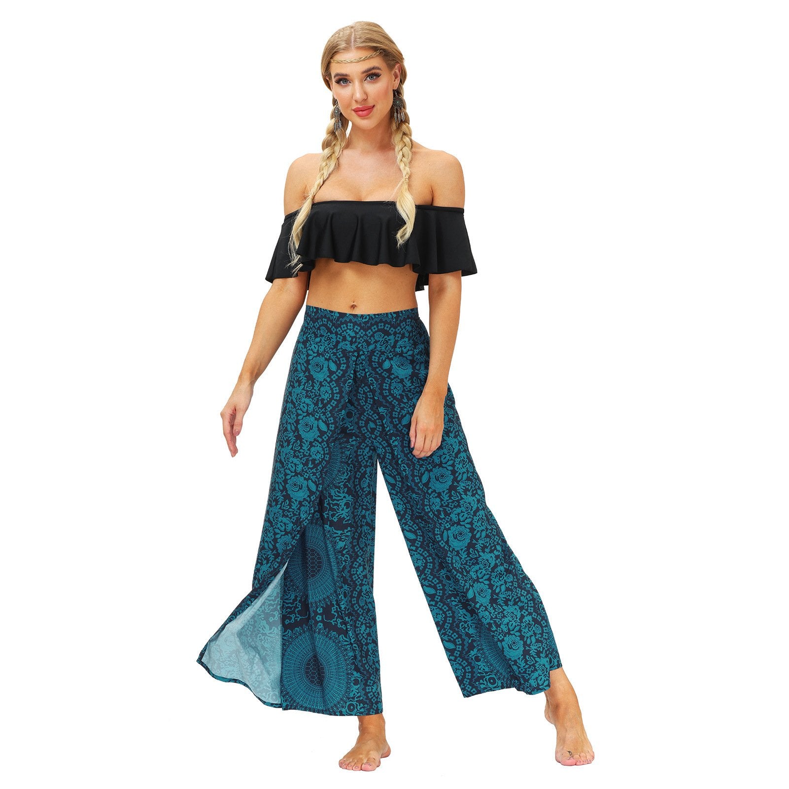 2022 New Ethnic Style Digital Printed Wide-leg Pants Mud Por Outdoor Fitness Yoga Pants Women's Split