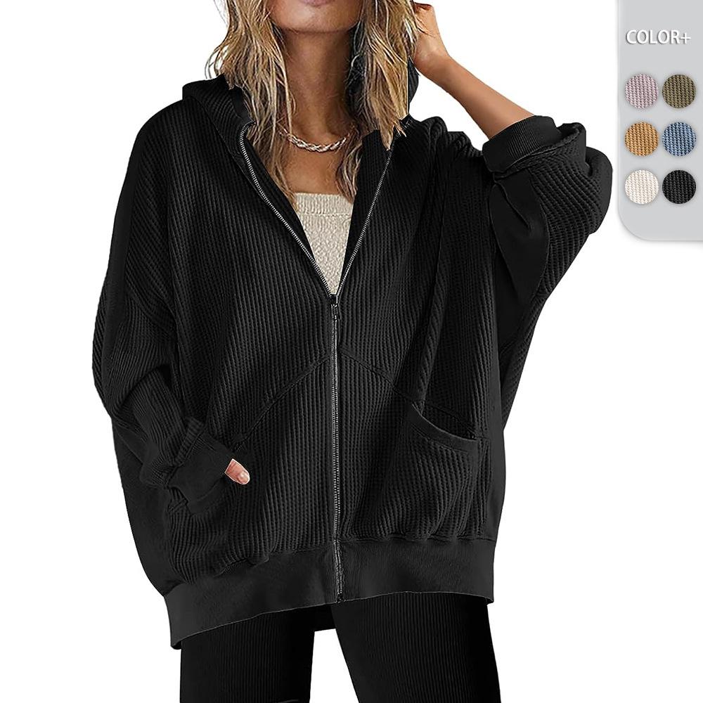 2023 Foreign Trade New Winter Hooded Sweater European And American Women's Zipper Coat Long Solid Color Warm Coat