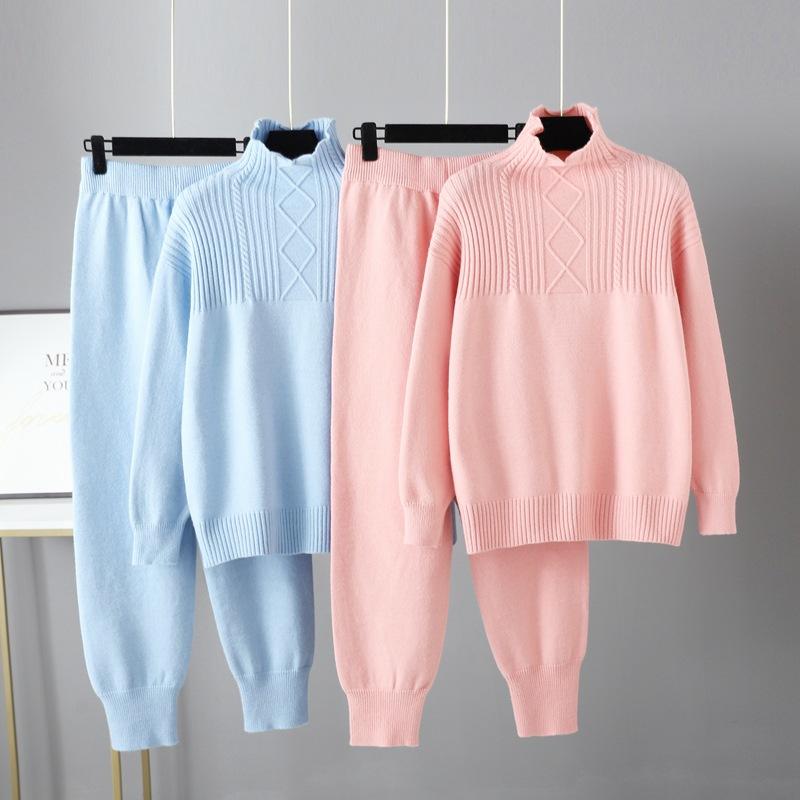 AB06QX Half-turtleneck Casual Loose Sweater Women's 2023 Autumn And Winter New All-match Gentle Style Soft Waxy Knitted Pants Suit Women