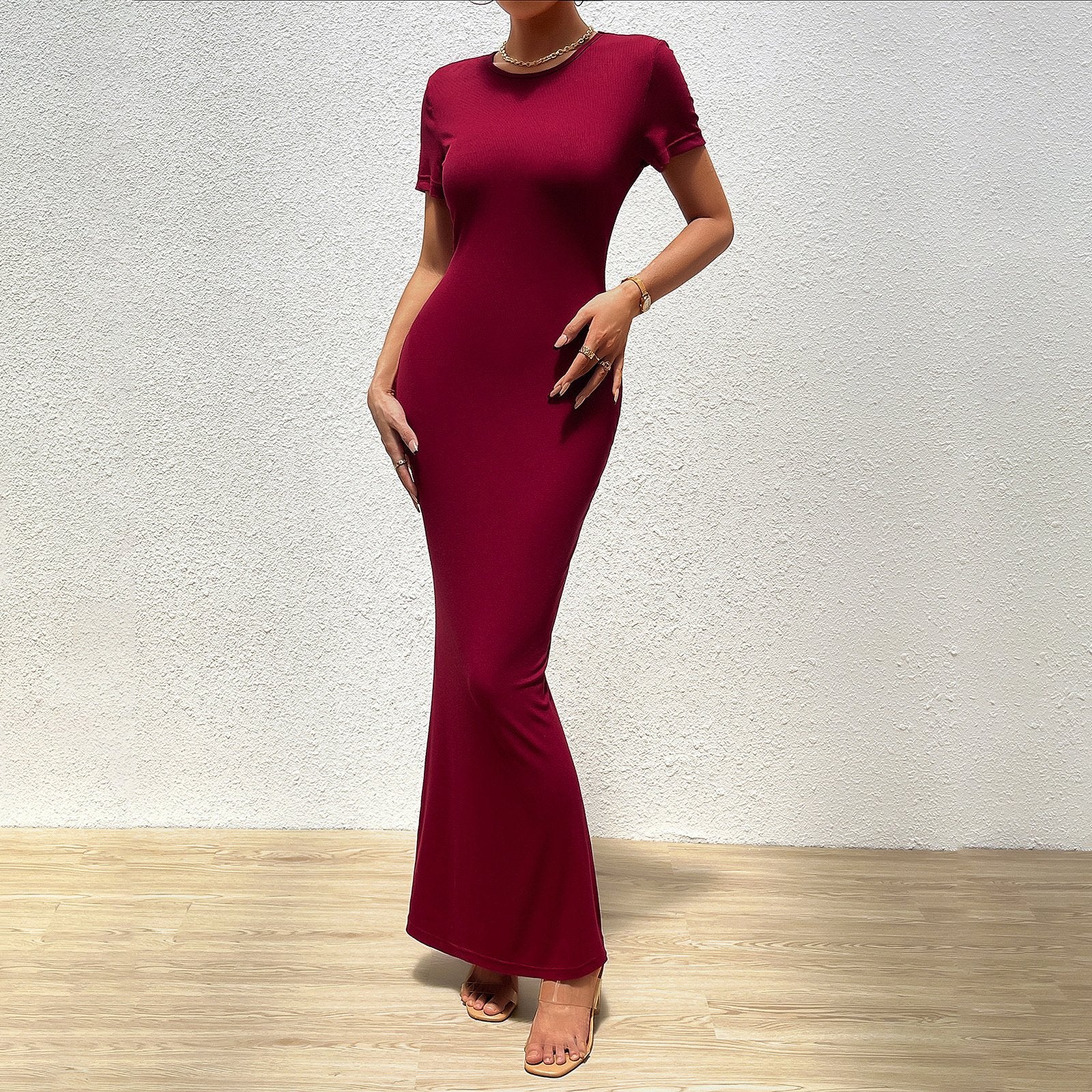 AB01DY Dress 2023 Autumn Elegant Solid Color Round Neck Short Sleeve Slim Fit Dress