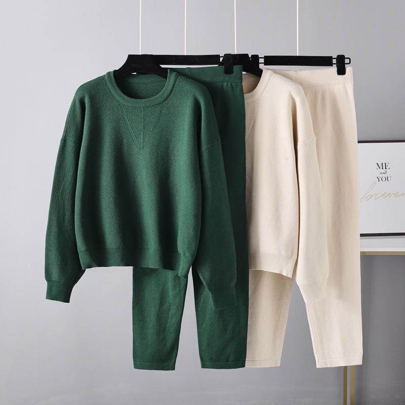 AB06QX Fall/Winter European And American Plus Size 2022 Fashion New Loose Casual Sweater Two-piece Solid Color Knitted Suit Women's Trendy