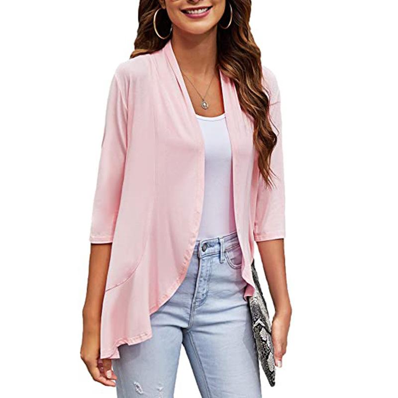 AB09HL Cross-border European And American Women's Clothing Amazon Independent Station Autumn New Solid Color Cardigan Jacket Seven-sleeve Ruffled Top