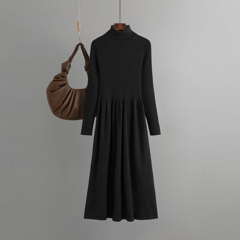 AB06QX High Neck Inner Knitted Dress Women's Autumn And Winter Slim-fit Coat A- Line Waist Over-knee Base Sweater Dress Trendy