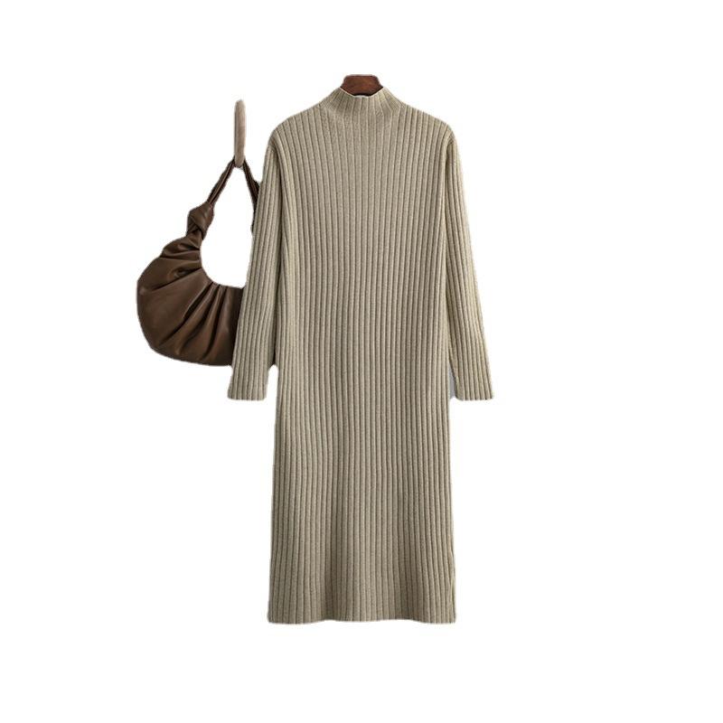 AB06QX Knitted Base Dress Women's Inner Wear 2022 New Autumn And Winter Half High Collar Mid-length Elegant Sweater Long Skirt Over The Knee