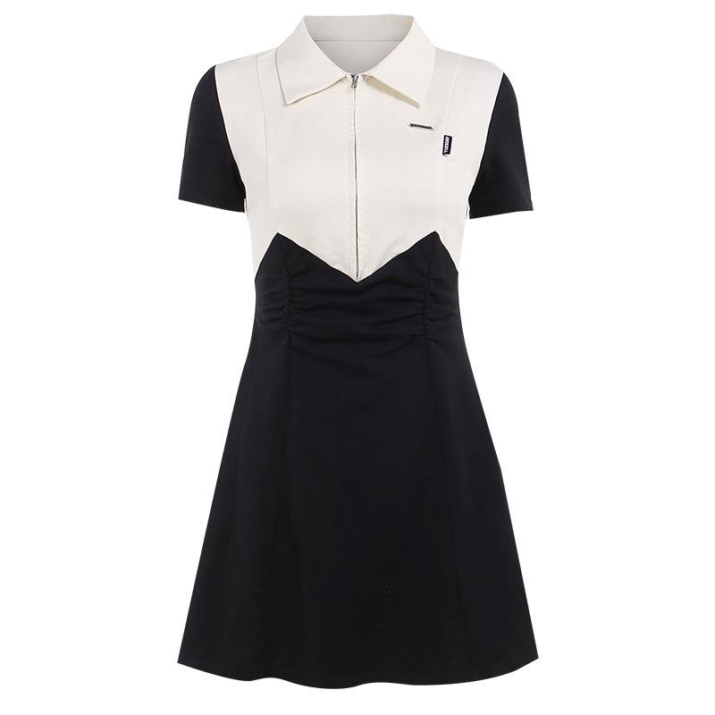 AB03CS Fresh Style New Contrast Color POLO Collar Tight Waist Slim-fit Short-sleeved Elegant Elegant Style A- Word Dress YJ23211LL