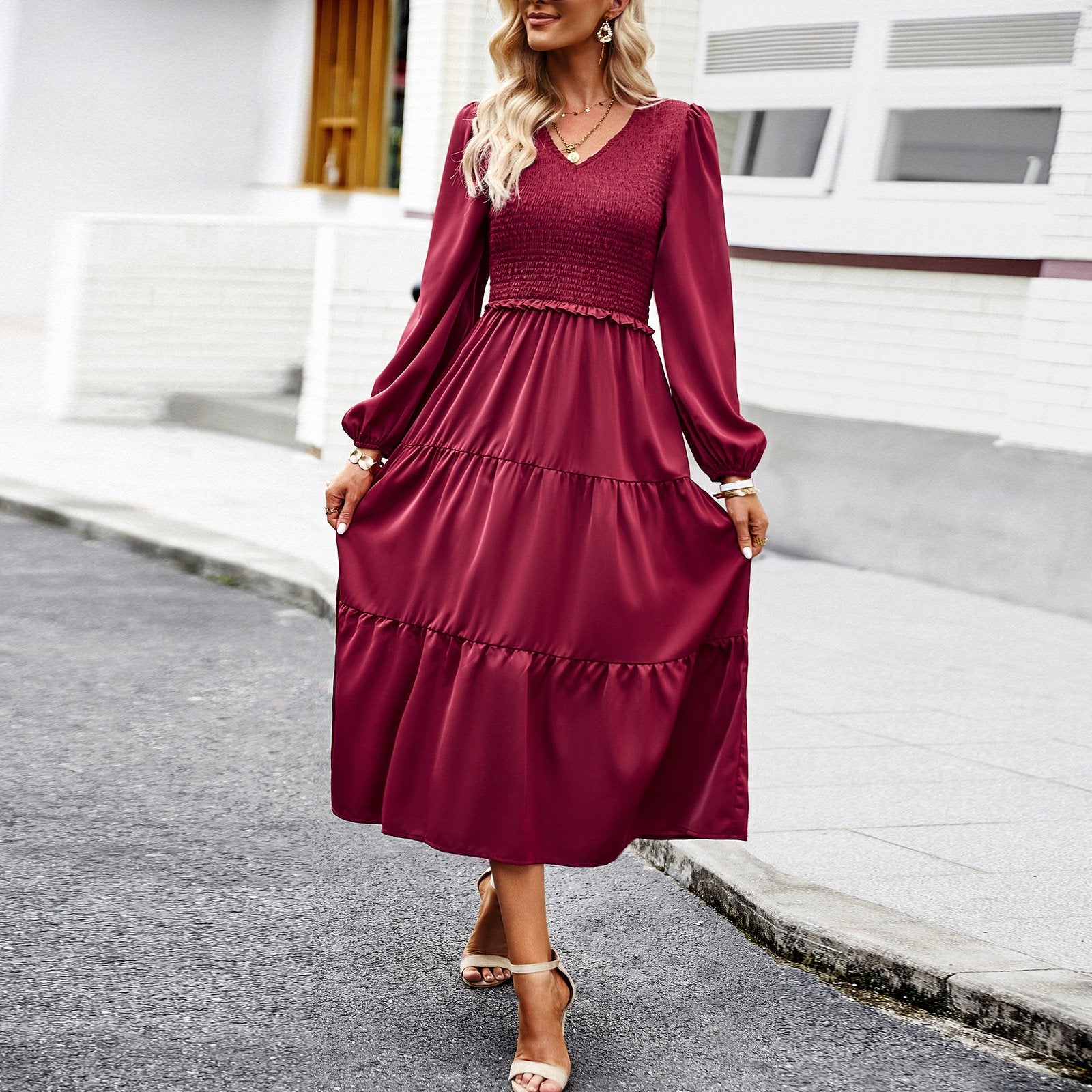 AB01DY Solid Color Dress Women's 2023 Autumn And Winter Amazon Independent Station Elegant Long Dress
