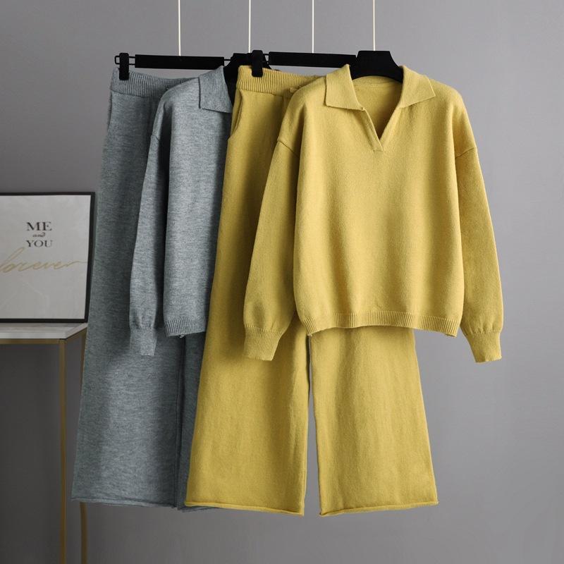 AB06QX European And American Autumn And Winter New Knitted Suit Women's Loose Polo Collar Sweater Wide Leg Pants Elegant Angora Two-piece Set
