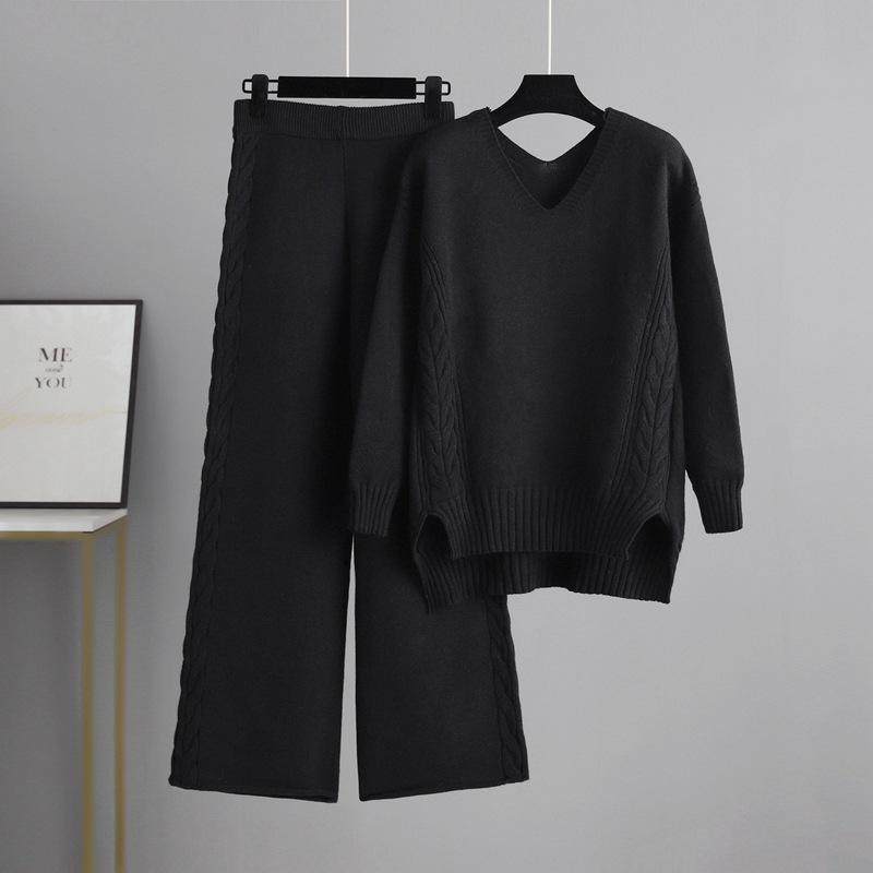 AB06QX Knitted Wide-leg Pants Sweater Suit Women's 2023 Autumn New Korean Loose Thick Fashionable Elegant Two-piece Set
