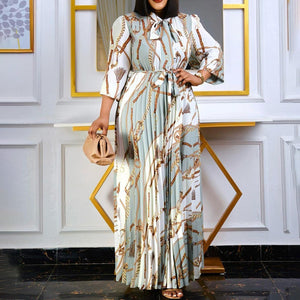 AB10ATE D211 Cross-border New 2022 Spring Long Sleeve Printed Pleated Strap Tongle European And American Long Skirt Plus Size Foreign Trade Dress