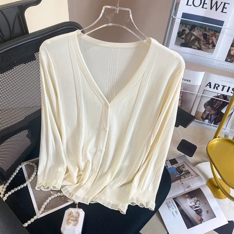 AB06QX V-neck Knitted Cardigan Women's Thin 2022 Spring New Single-breasted Seven-sleeve Air Conditioning Shirt Sunscreen Top
