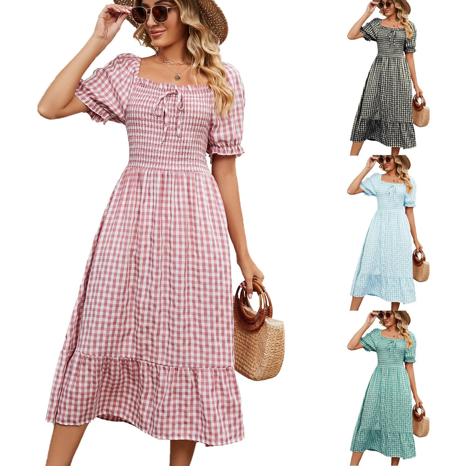 AB09HL Amazon 2023 Europe And The United States Cross-border Foreign Trade New Pleated Lace-up Short Sleeve Square Collar Long Plaid Dress