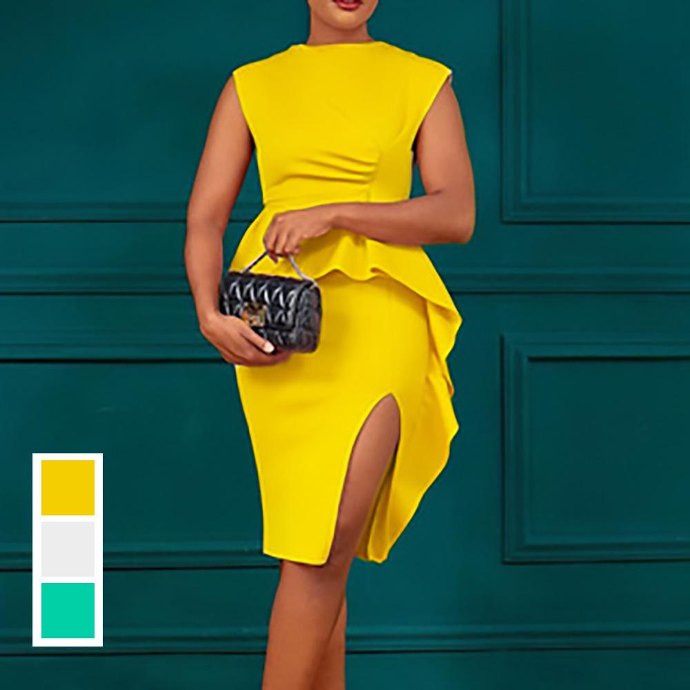 AB10ATE D246 In Stock Amazon 2022 Summer New Solid Color Pleated Ruffled Split Hip Professional European And American Dress