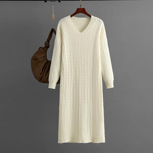 AB06QX Mid-length Autumn And Winter Knitted Dress Women's 2023 New V-neck Twist Base Sweater Skirt Back Split