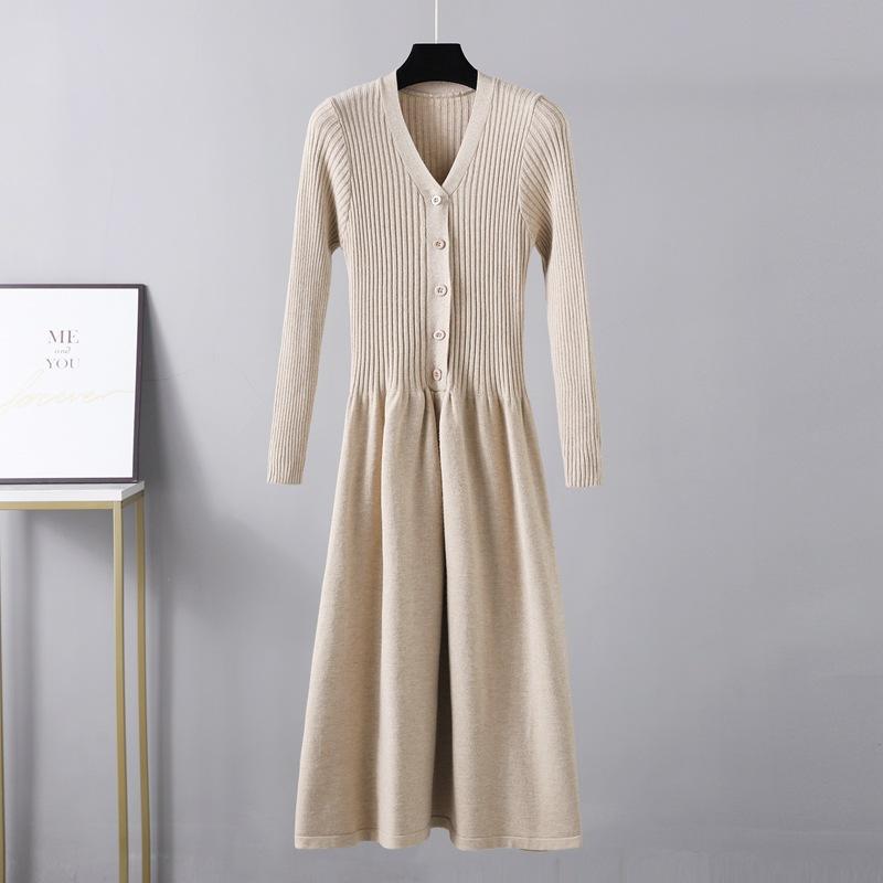 AB06QX Autumn And Winter New V-Neck Mid-length Over-knee Slim-fit Slimming Elegant Sweater Dress Knitted Dress Women