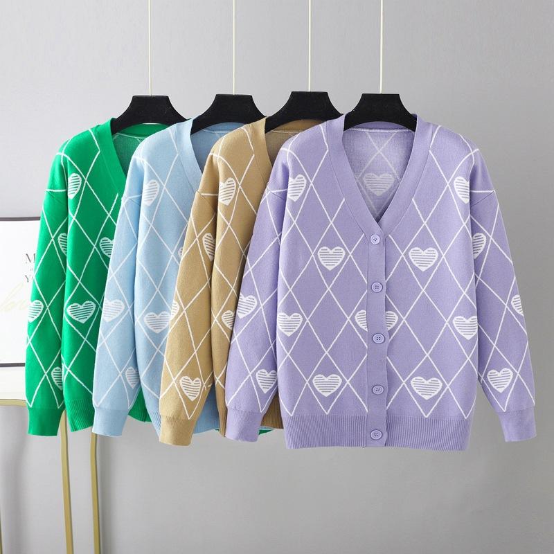 AB06QX V-Neck Rhombus Knitted Cardigan Women's Fall/Winter 2022 New Loose Outer Wear Stacked Waistcoat Love Sweater Outer Wear