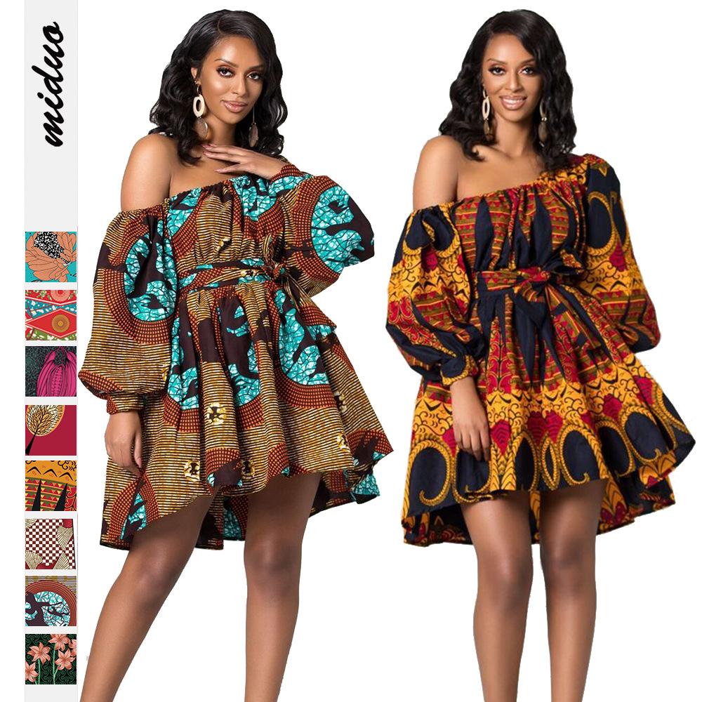 AB07MD Cross-border African Women's Clothing Amazon Hot Selling Printed Fashion Slant Shoulder Long Sleeve Dress With Belt Indonesian Skirt