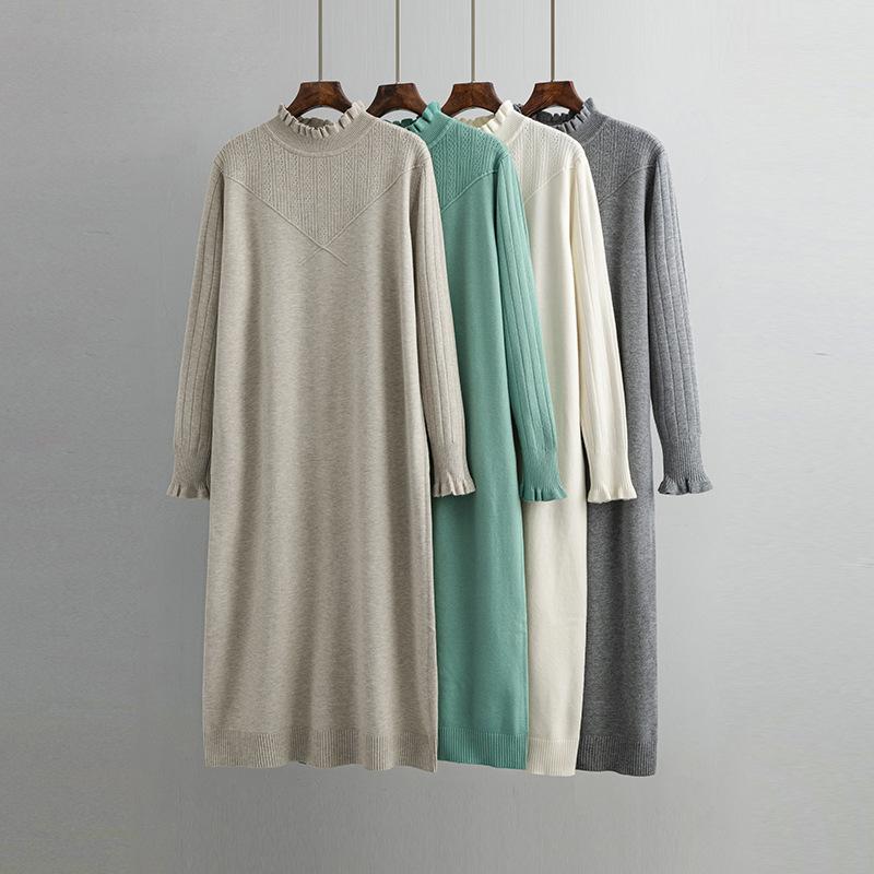AB06QX Plus Size Women's Wear Autumn And Winter New Woolen Dress For Chubby Girls Loose Flesh Covering Korean Style Slimming Mid-length Base Dress