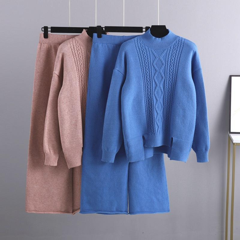 AB06QX European 2023 Fall/Winter New Slim Knitted Suit Women's Thickened Loose Turtleneck Sweater Wide Leg Pants Two-Piece Fashionable
