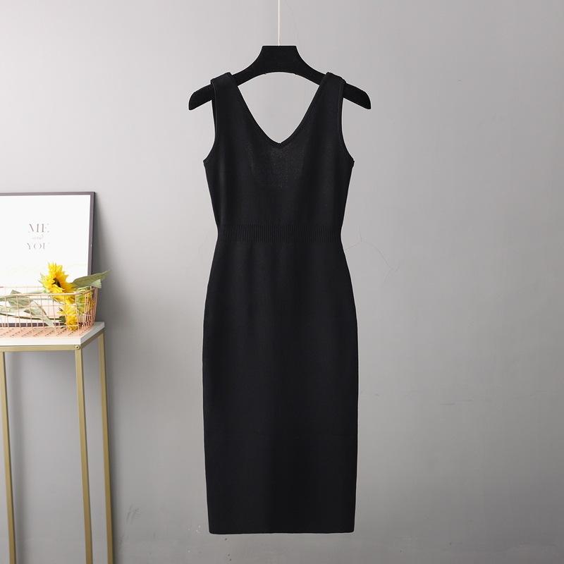 AB06QX French Retro Sexy Backless Knitted Sling Dress High Waist Slimming Split Mid-Length Dress Women's Autumn