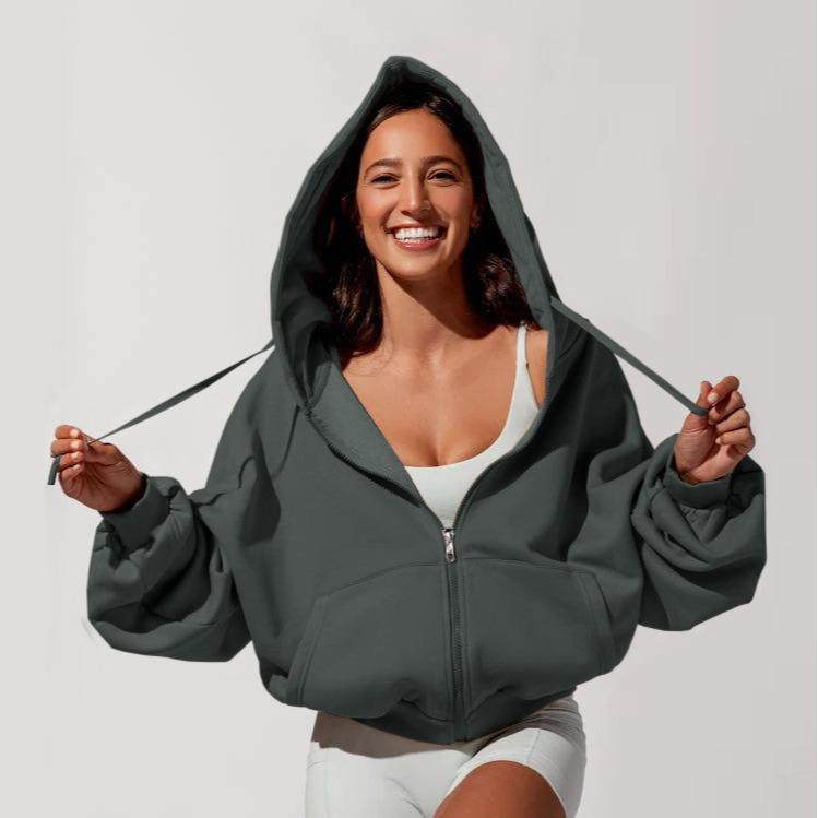 Amazon European And American New Drawstring Hoodie Trendy Brand Loose Sports Sweater Long Sleeve Zipper Cardigan Women's Jacket