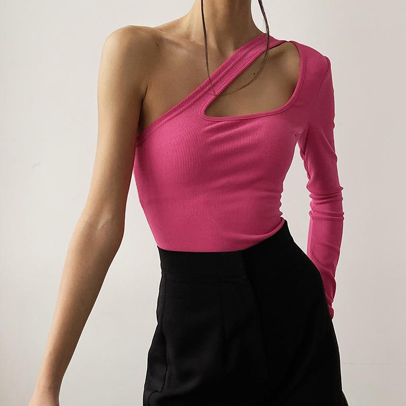 AB03CS CC21253 European And American Women's Spring Design Sexy Long Sleeve Top Women's Knitted Single Sleeve Asymmetric Jumpsuit