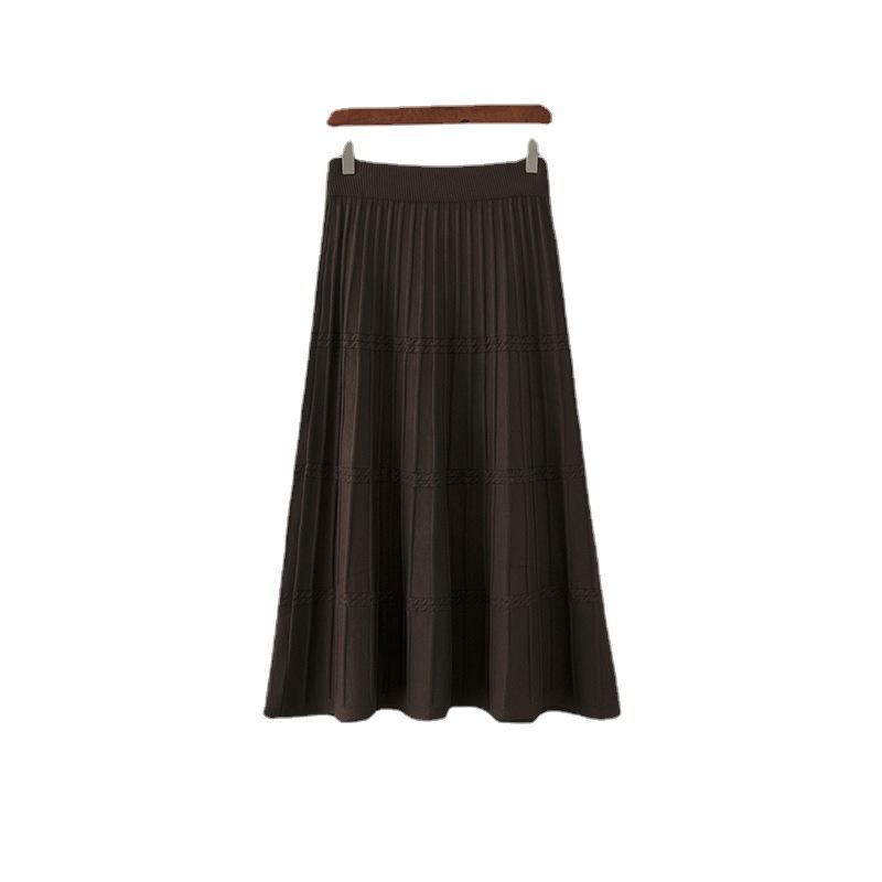 AB06QX Wool Knitted Skirt Women's Mid-length Thickened Autumn And Winter New High Waist Slimming A- Line Pleated Skirt Large Swing Umbrella Skirt