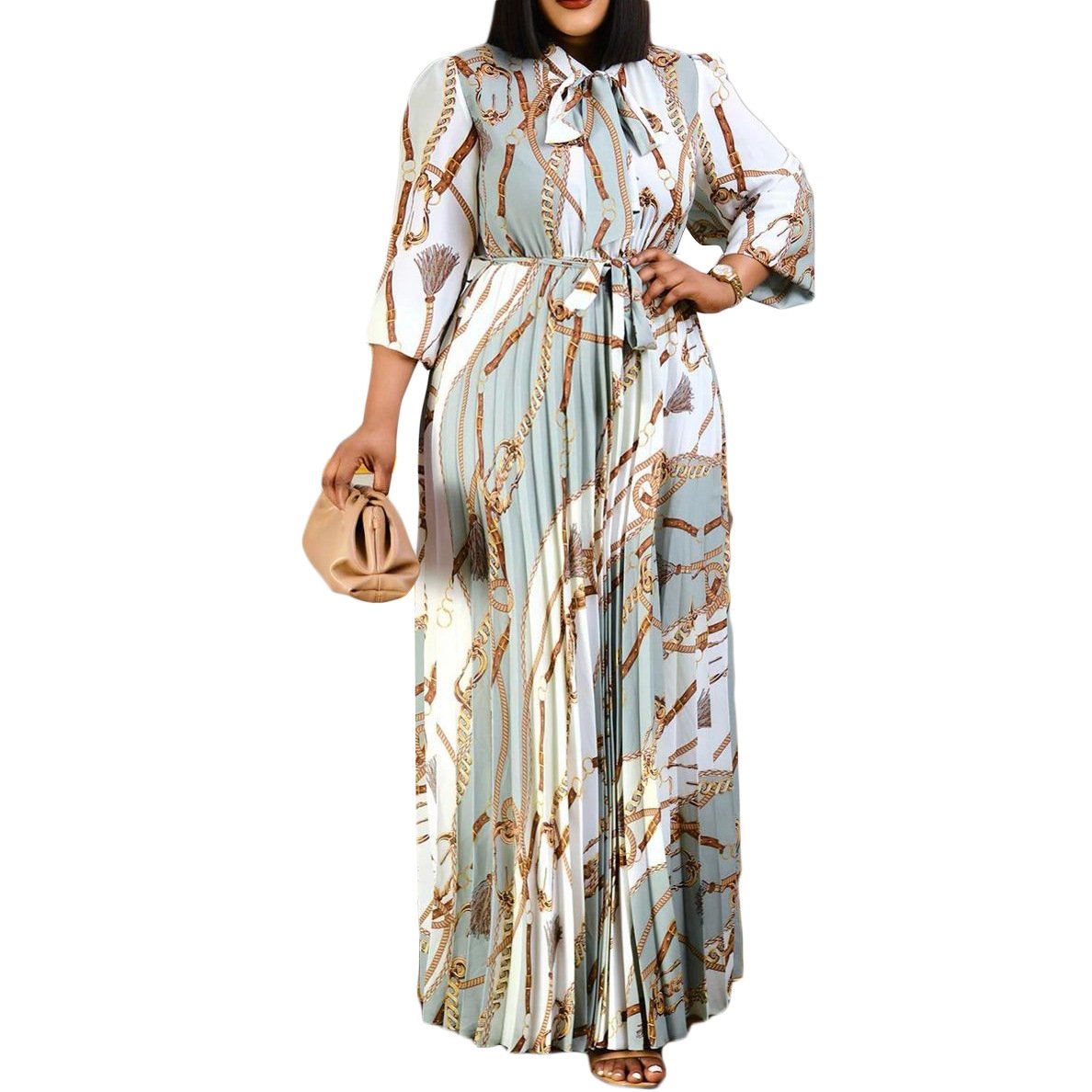 AB10ATE D211 Cross-border New 2022 Spring Long Sleeve Printed Pleated Strap Tongle European And American Long Skirt Plus Size Foreign Trade Dress