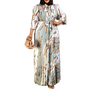 AB10ATE D211 Cross-border New 2022 Spring Long Sleeve Printed Pleated Strap Tongle European And American Long Skirt Plus Size Foreign Trade Dress