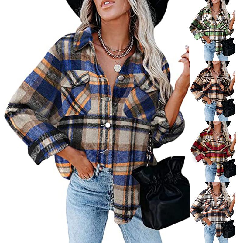 AB09HL AB09HL Cross-border European And American Foreign Trade Women's Amazon Autumn And Winter Plaid Shirt Long Sleeve Loose Pocket-breasted Tweed Coat