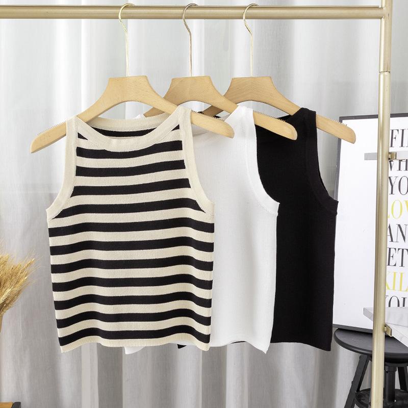 AB06QX Striped Solid Color Vest 2023 Early Spring New Soft Waxy Knitted All-match Sleeveless Spice Girl Top