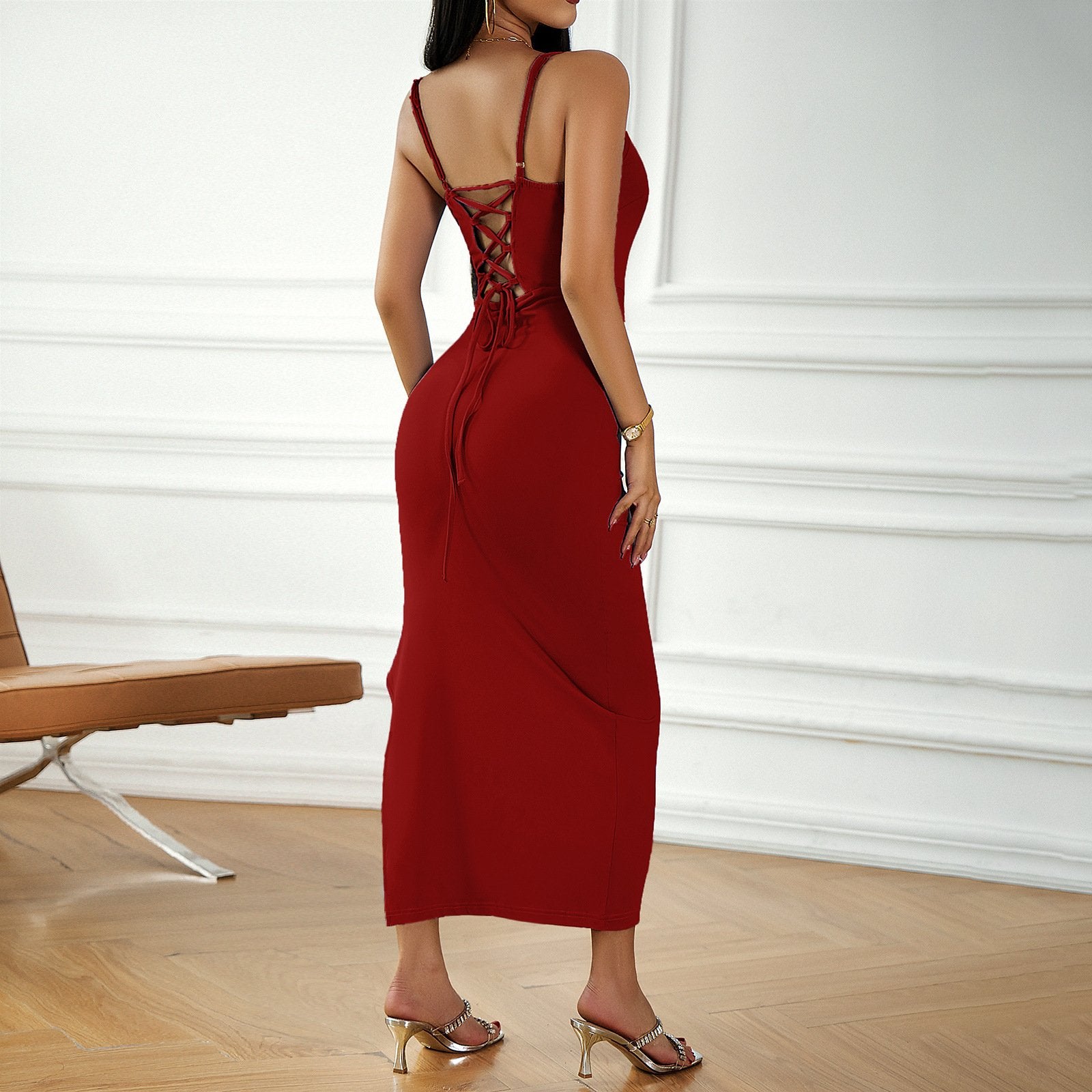 AB01DY Dress 2023 Autumn Foreign Trade Amazon Sexy Bag Hip V-Neck Solid Color Slip Dress