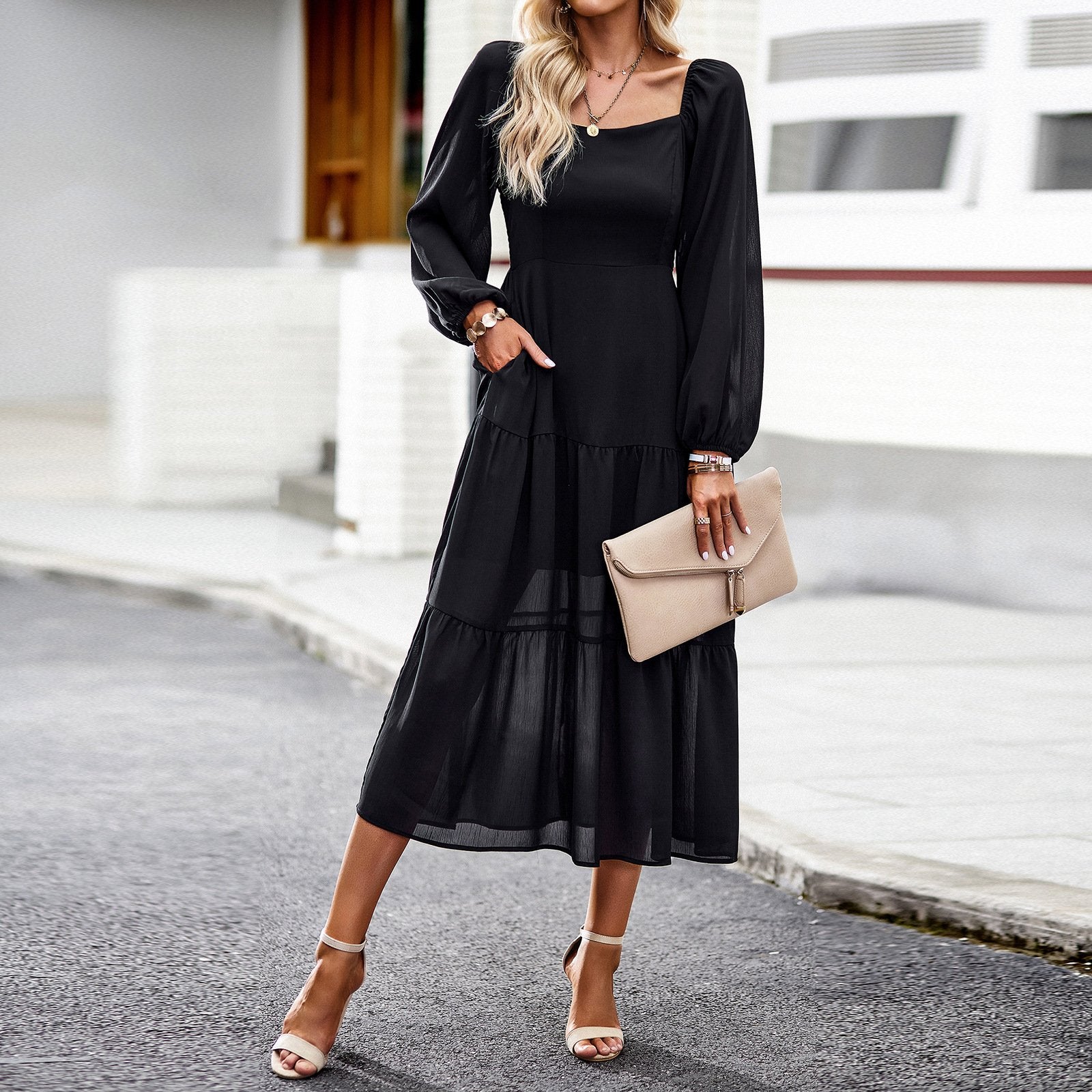 AB01DY Solid Color Square Collar Dress Women's 2023 Autumn And Winter Elegant Long Dress