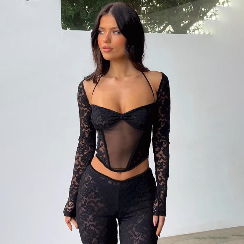 AB03CS JY23479 Hanging Neck Lace Long Sleeve Mesh Tunic Top High Waist Sexy Micro Transparent Straight Pants Spice Girls Suit