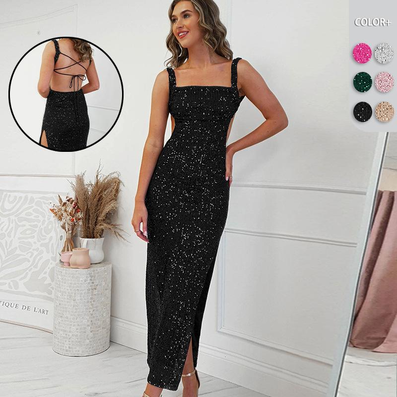 European And American Women's Sexy Beaded Dress Cross-border Solid Color Wedding Dress Bridesmaid's Dress Slim-fit Backless Sling Long Dress