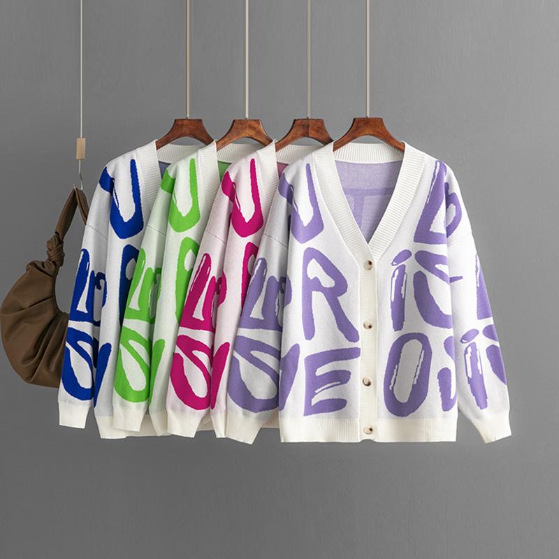AB06QX Letter Jacquard Sweater Cardigan Women's 2023 Autumn And Winter New European And American Cross-border Women's Single-breasted Long-sleeved Sweater Outer