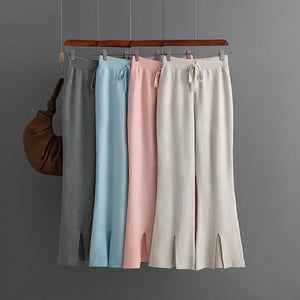 AB06QX 2023 Autumn And Winter New Women's European And American Style Solid Color Split Horn Knitted Trousers Wool Pants