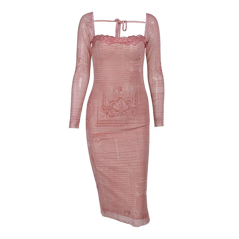 AB03CSJY23603 Autumn New Sexy Belted Hip Dress Fashion Elegant Slim-fit Lace Long Sleeve Dress Women's Clothing