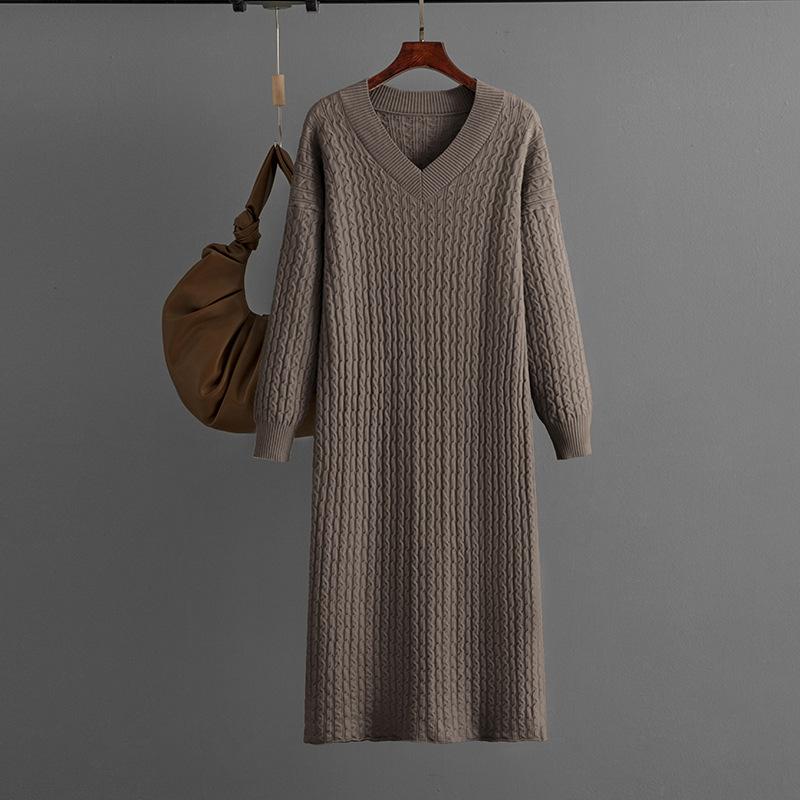 AB06QX Mid-length Autumn And Winter Knitted Dress Women's 2023 New V-neck Twist Base Sweater Skirt Back Split