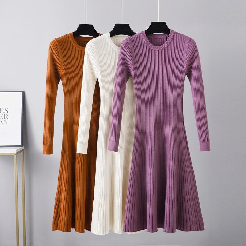 AB06QX Fall/Winter Slim-fit Dress Women's Medium-length Dress New Round Neck Dress Solid Color Base Sweater Dress A- Line Dress