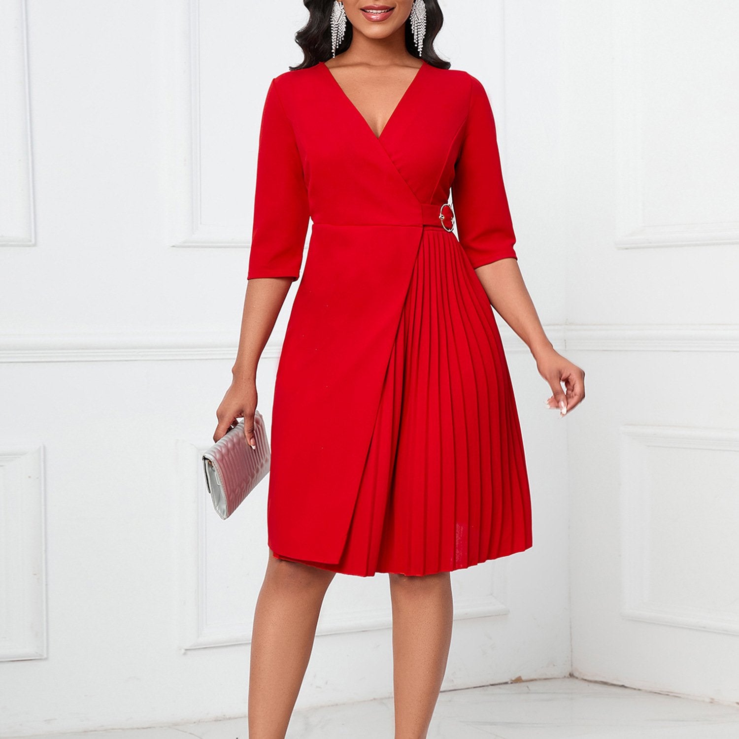 AB10ATE D431 Amazon 2023 Fall/Winter New V-Neck Fashion Tight Waist Solid Color Pleated Sleeve Plus Size Foreign Trade Dress