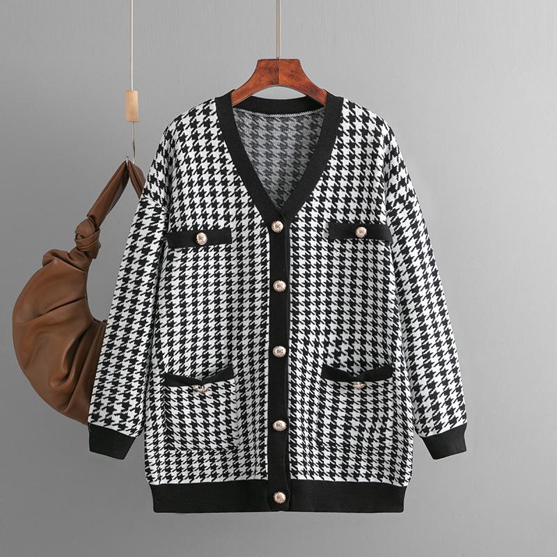 AB06QX 2023 New Sweater Women's Loose V-neck Houndstooth Long Sleeve Knitted Cardigan Jacket Color Contrast