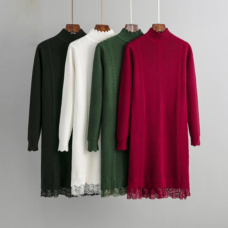 AB06QX Solid Color Half-high Neck Twist Knitted Dress Women's Autumn And Winter Lace Stitching Base Sweater Dress Trendy