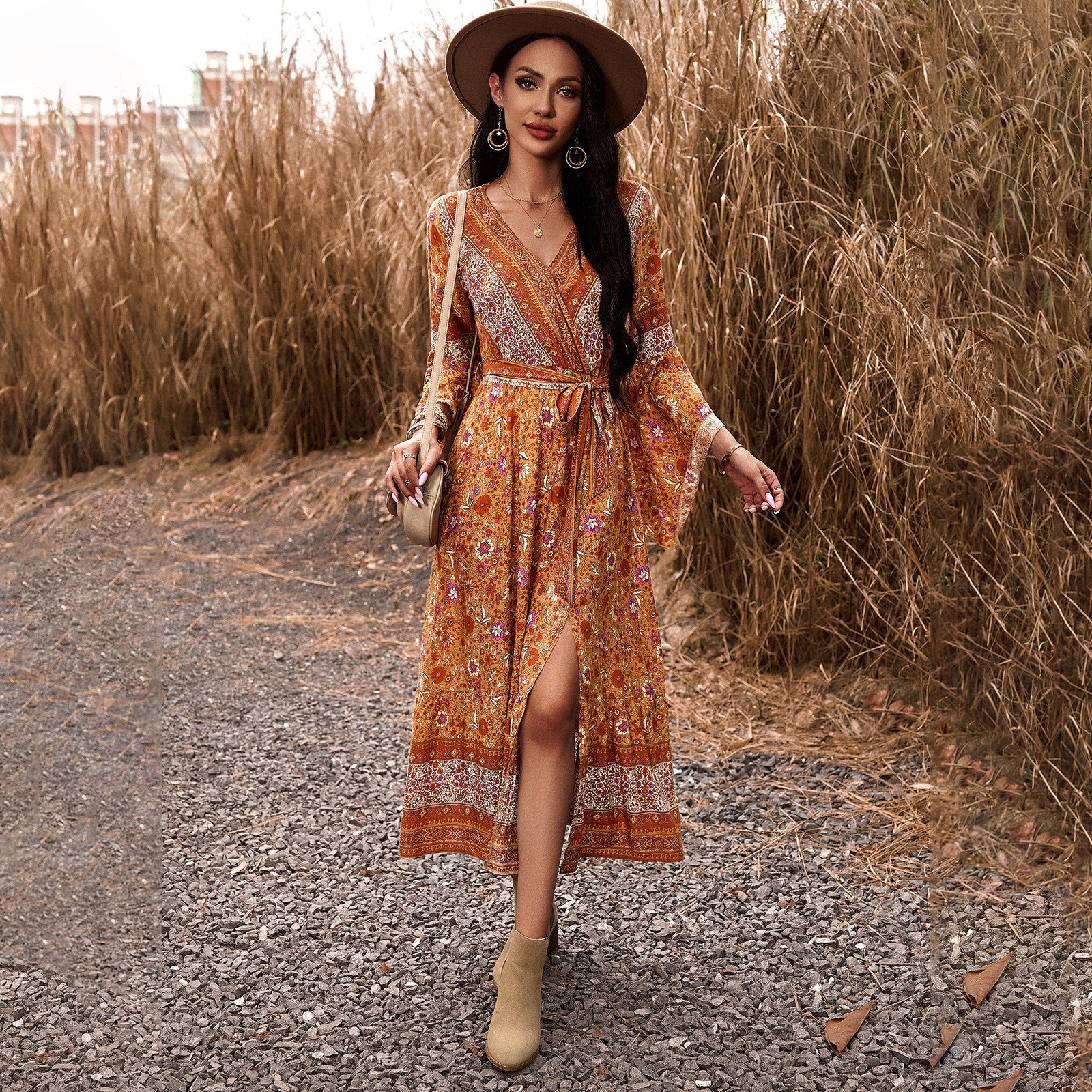 AB01DY Dress Amazon Cross-border 2023 Autumn And Winter Foreign Trade Temperament Casual Printed V-neck A- Line Dress