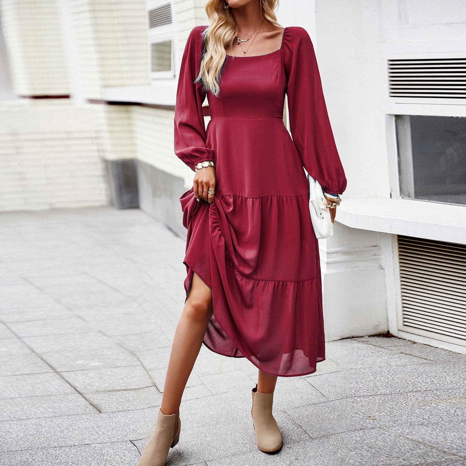 AB01DY Solid Color Square Collar Dress Women's 2023 Autumn And Winter Elegant Long Dress