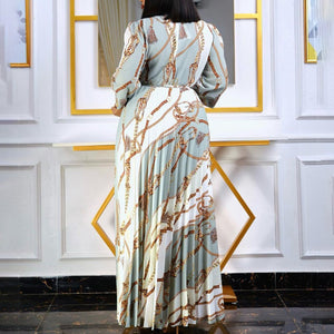 AB10ATE D211 Cross-border New 2022 Spring Long Sleeve Printed Pleated Strap Tongle European And American Long Skirt Plus Size Foreign Trade Dress