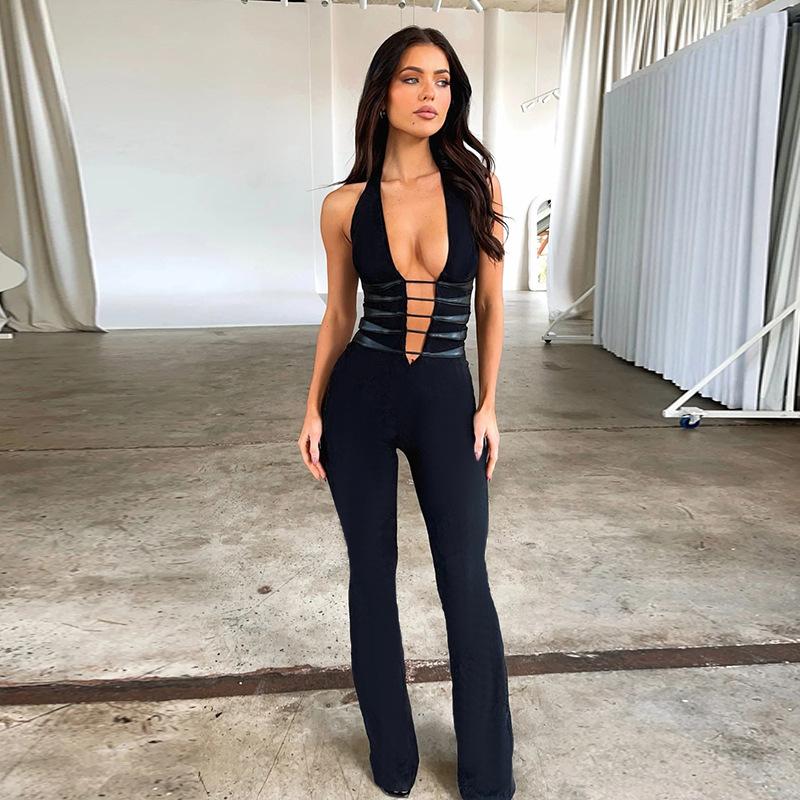 AB03CS JY23535 Autumn New Women's Jumpsuit Fashion Hot Girl Hollow Slim Deep V Sexy Backless Jumpsuit