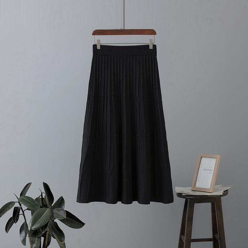 AB06QX Wool Knitted Skirt Women's Mid-length Thickened Autumn And Winter New High Waist Slimming A- Line Pleated Skirt Large Swing Umbrella Skirt