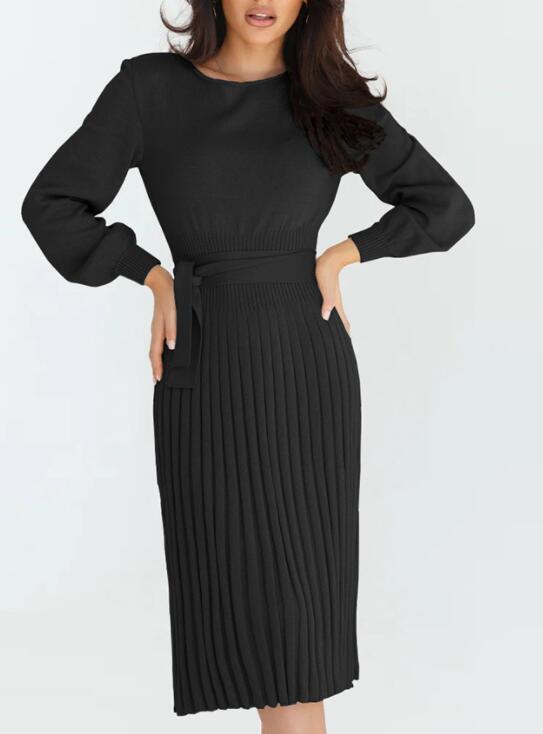 Women's slim pleated mid-length bottoming sweater dress
